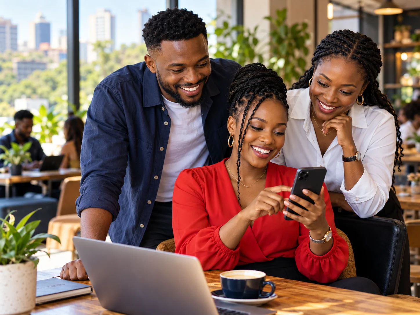 Young adult professionals sharing ideas around a phone