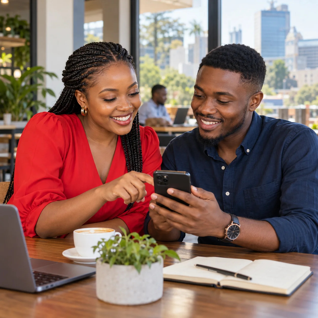 Two young adults discussing a business connection