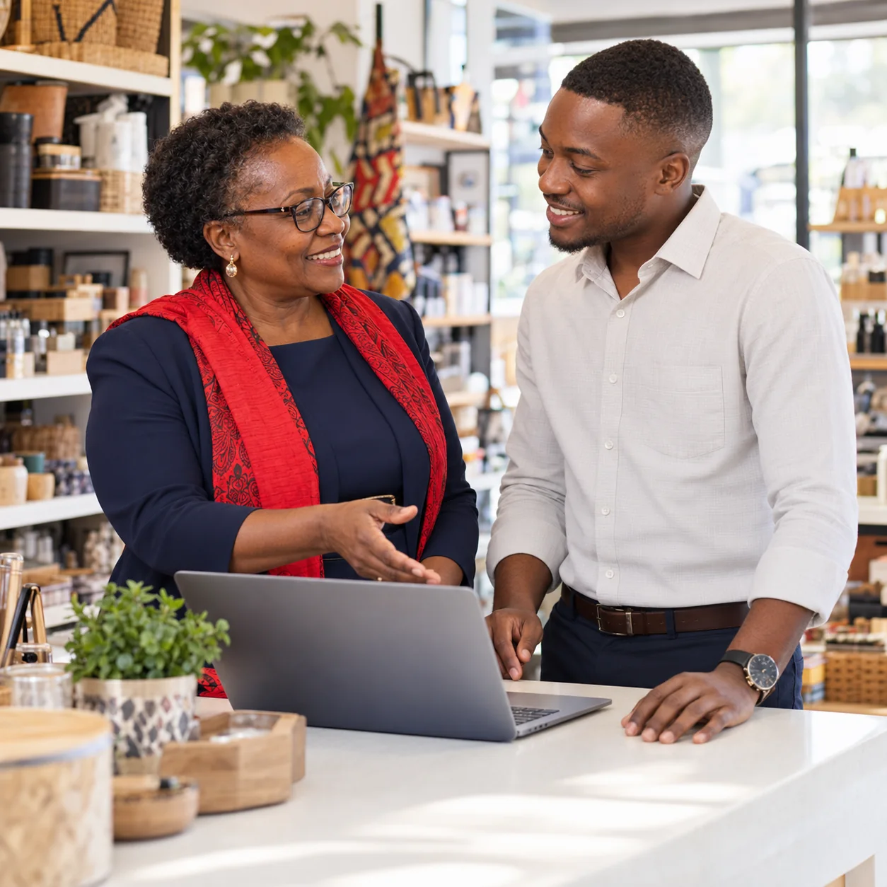An experienced businesswoman and a younger professional working together