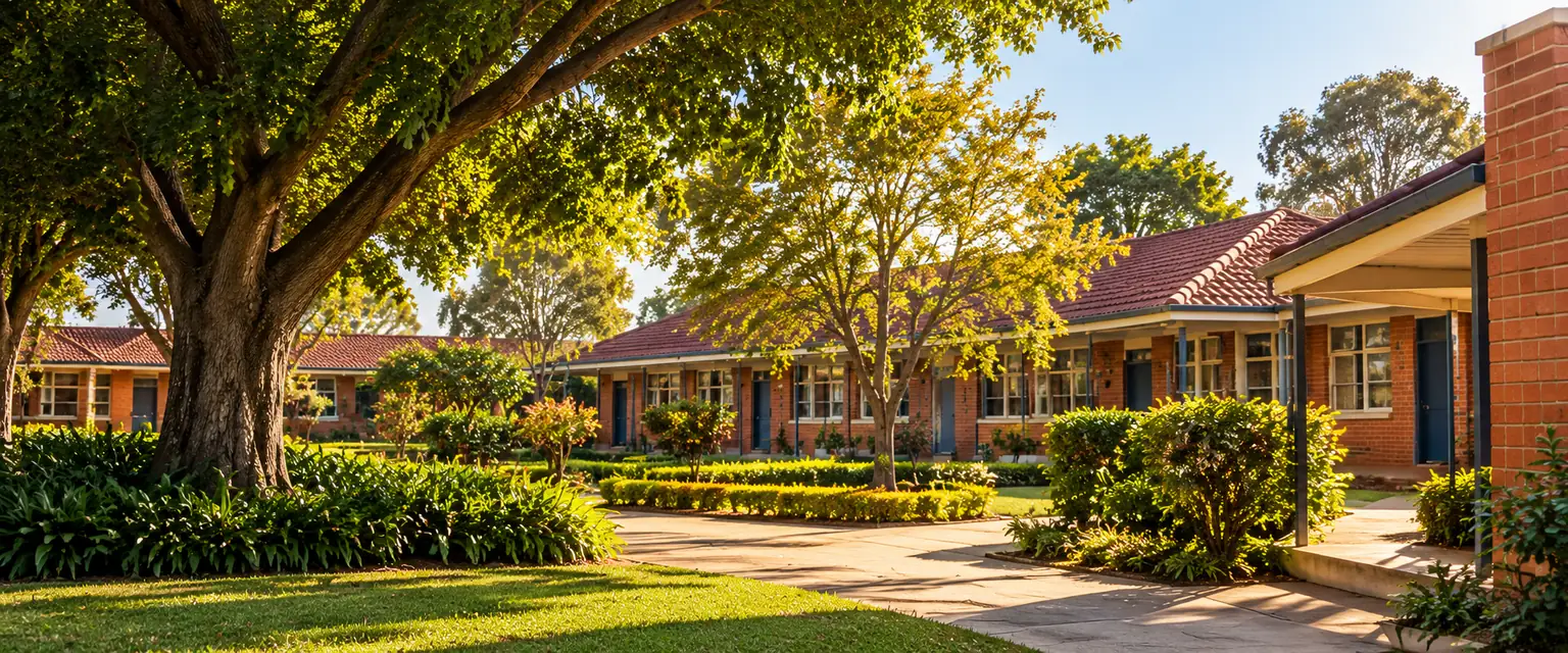 A welcoming brick school campus with landscaped gardens and mature trees