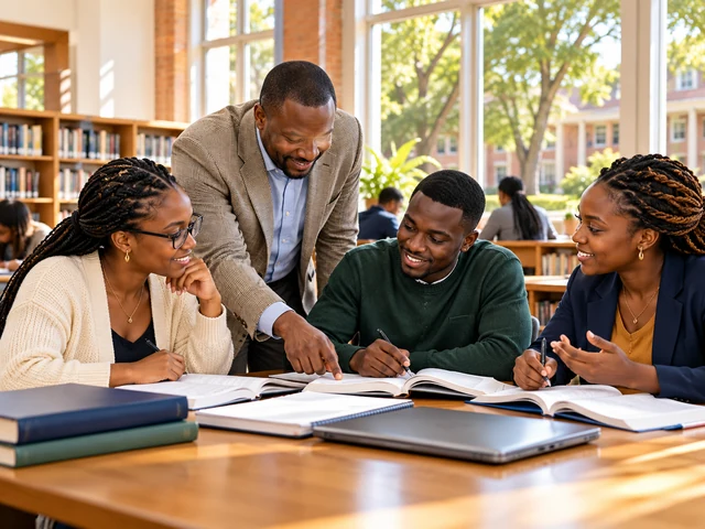 Adult college students discussing their work with a lecturer