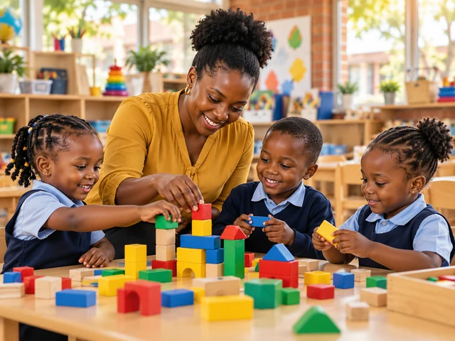 A preschool educator helping young children learn with building blocks
