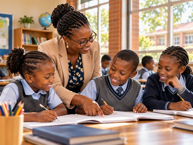 Primary school teacher and pupils working together at a classroom desk