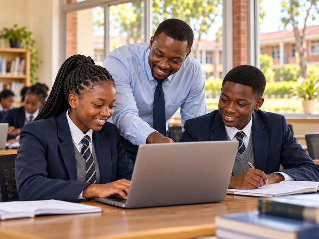 Secondary school learners working on a laptop with their educator